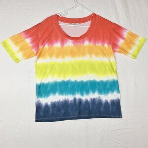 Sportelle Shirt Womens Medium Short Sleeve Tie Dye Orange Yellow Blue Stretch